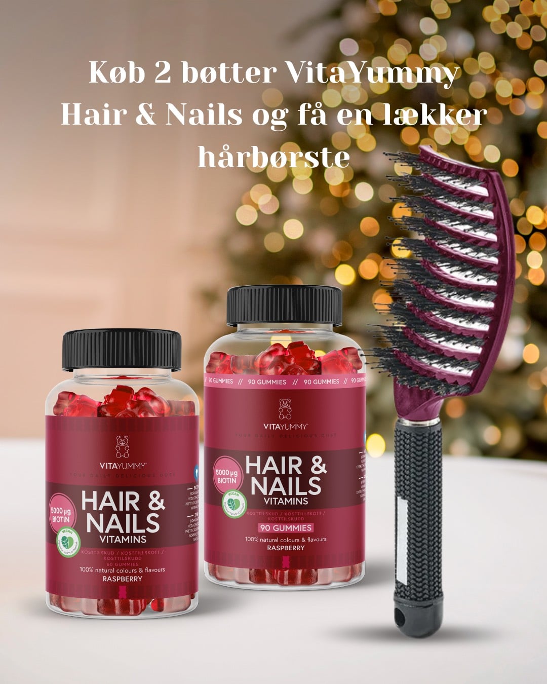 Køb 2 bøtter af Hair&nails Christmas edition og få en lækker hårbørste